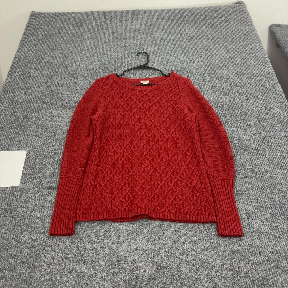 J Crew Sweater Womens L Red Merino Wool Cable Knit Crewneck Preppy Classic